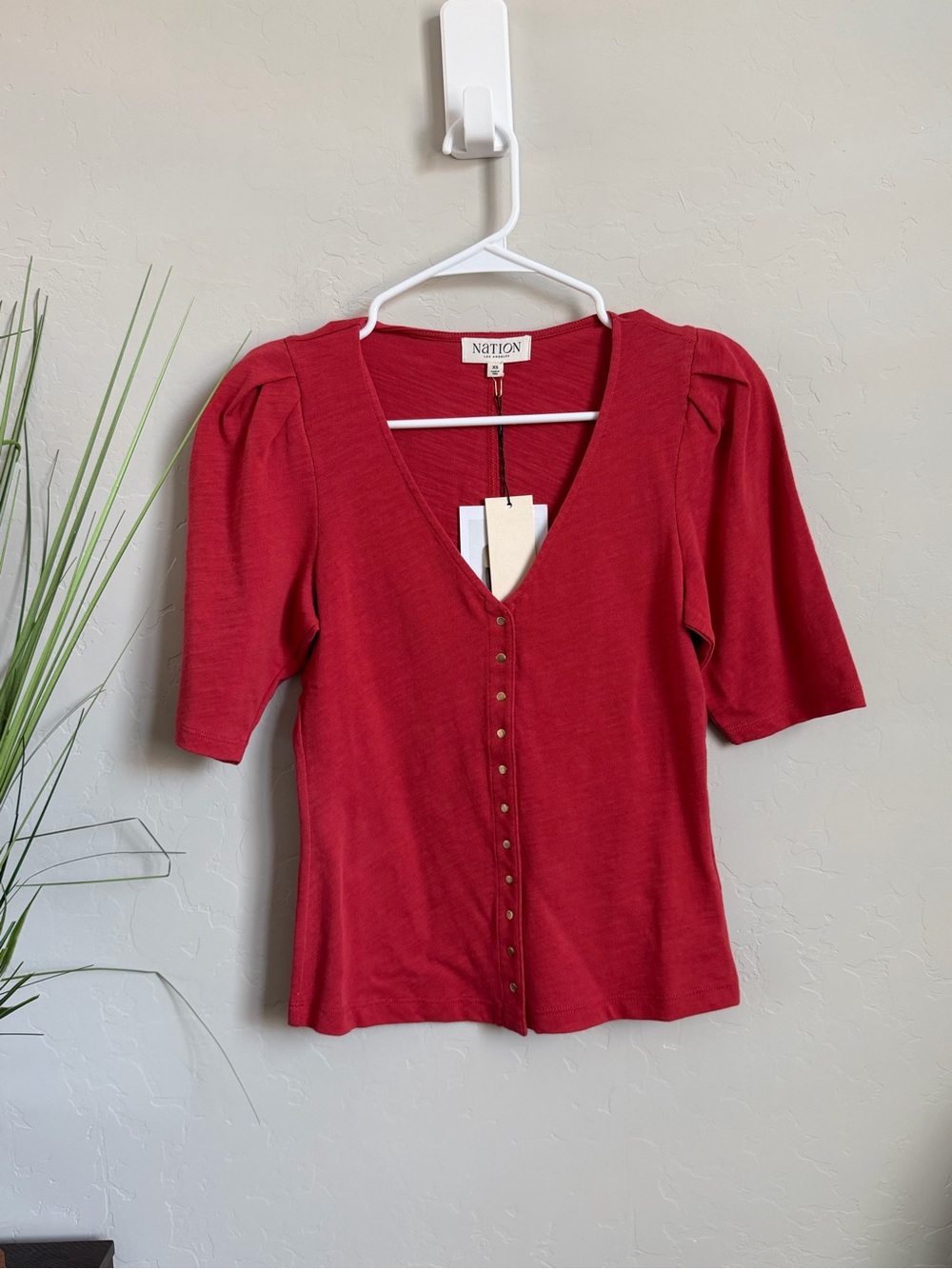 NATION LTD Puff Sleeve Snap Front Cotton Top XS NWT